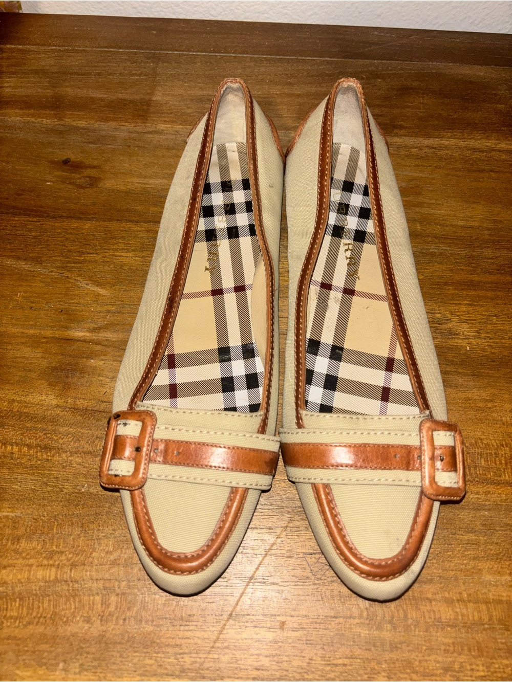 Burberry Beige Canvas Loafers with Tan Leather Trim